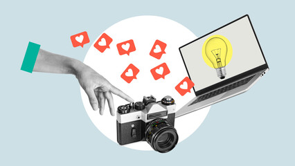 Contemporary art collage of female hand taking photo with camera and laptop. Icons of likes. Concept of creativity and ideas, social media, influence, popularity, inspiration. Modern design