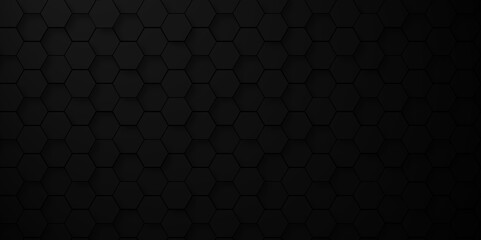Background of abstract black 3d hexagon background design a dark honeycomb grid pattern. Abstract octagons dark 3d background. Black geometric background for design.