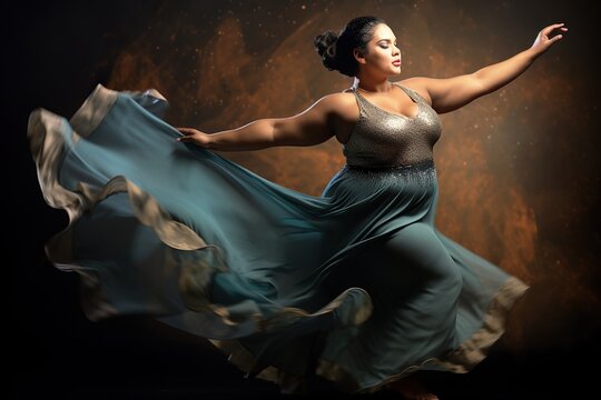 A beautiful woman with a bunch of hair in a long dress is dancing. Body positive and plus size concept.