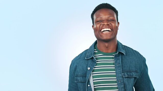Thinking, black man and ideas with doubt, pointing and problem solving on a blue studio background. African person, guy and model with planning, confused and questions with solution and brainstorming