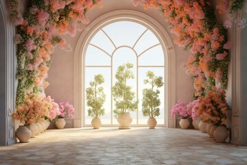 A bright room with an arch and floral decorations. Generative AI