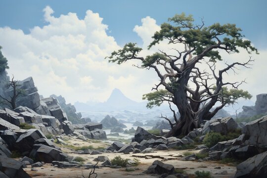 An artwork depicting a rocky scenery with distant trees. Generative AI