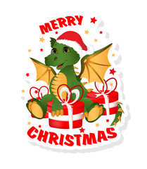 Sticker with black cat. Cute little kitty sitting with Christmas gifts. Colorful design for social media media communication, networking, website badges, greeting cards.