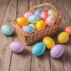 Fototapeta na wymiar Wicker basket with colorful Easter eggs on wooden table