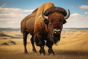 A massive bison in North Dakota's badlands, part of Theodore Roosevelt National Park. Generative AI - obrazy, fototapety, plakaty
