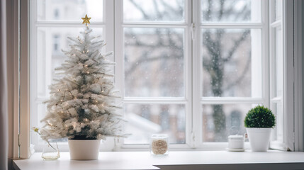 warm simple Christmas decoration with twinkling light on winter holiday looking out a snowing outdoor