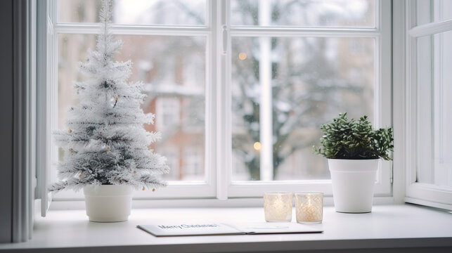 Merry Christmas message on white table with a simples small Christmas tree and candle light in glass cup near the window