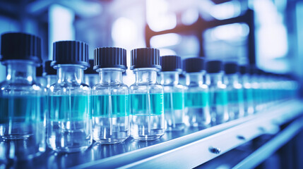 Medical vials on a production line at the pharmaceutical factory, Pharmaceutical machine working pharmaceutical glass bottles production line. Generative Ai