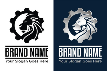 simple silver Lion Gear Strong Machine Industry illustration logo design