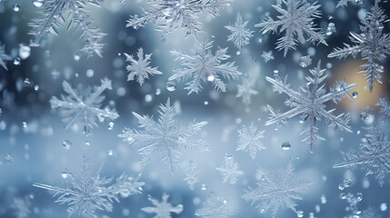 close up winter snowflakes looking through a window on Christmas holiday with cold blue tone