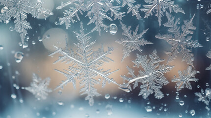 close up snowflakes when looking outside through a glass window on Christmas season