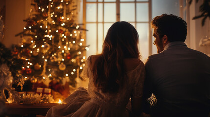 harmony happy couple enjoy peaceful loving Christmas under twinkling decoration Xmas tree looking...