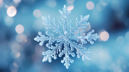 a close up snow flake on Christmas occasion with blue tone and bokeh background