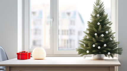 a small table top Christmas tree with seamless decoration by a bright glass window