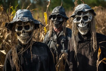 Scary scarecrows with wicked smiles, fangs, and glowing eyes, ready for Halloween visitors. Generative AI