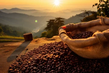 Fotobehang fragrant roasted coffee beans in sac on scenic hill at dawn. Generative AI © Adair