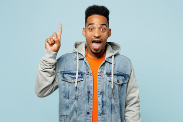 Young insighted smart happy fun proactive man of African American ethnicity wear denim jacket...