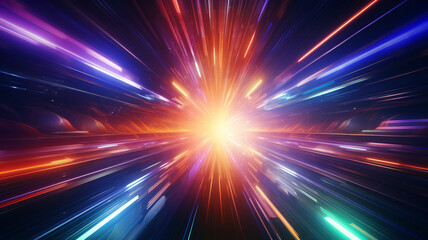 Abstract flight in retro neon hyper warp space in the tunnel 3d illustration. Generative Ai