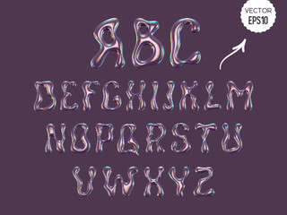 3d holographic liquid curved alphabet. Purple handwritten metallic letters. Vector illustration.