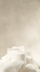 Fototapeta na wymiar 3d image render empty space white ceramic textured podium in portrait rocks and wall background