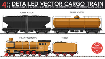 Highly detailed flat vector illustration of a set of generic cargo train parts with late steam era style. 4 unique pieces of equipment. Graphical resources. © David