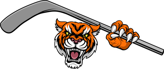 A tiger ice hockey player animal sports mascot holding a hockey stick