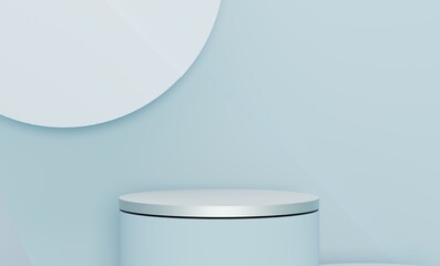Minimal scene with podium and abstract background. Pastel blue and white colors scene. Trendy 3d render for social media banners, promotion, cosmetic product show. Geometric shapes interior.	