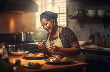 Black mature woman cooks. Business culinary. Generate Ai - obrazy, fototapety, plakaty