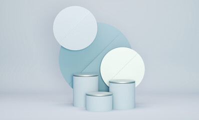 Minimal scene with podium and abstract background. Pastel blue and white colors scene. Trendy 3d render for social media banners, promotion, cosmetic product show. Geometric shapes interior.	