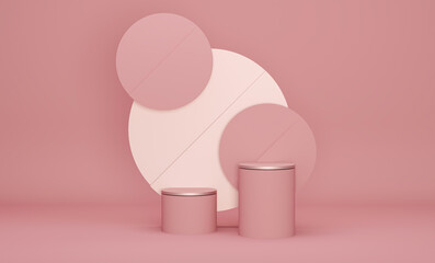 Minimal scene with podium and abstract background. Pastel pink and white colors scene. Trendy 3d render for social media banners, promotion, cosmetic product show. Geometric shapes interior.	