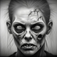 Monochrome fine detailed graphite pencil drawing portrait of an undead zombie woman.  Generative AI