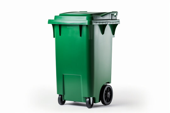 A modern green trash can on a white background