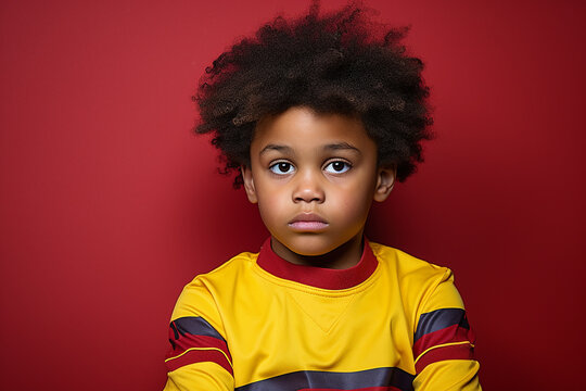 portrait of African-American boy on red background, wearing yellow jumper and afro hair