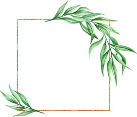 Watercolor floral frame with gold geometric and greenery leaves and branches for wedding template, congratulations