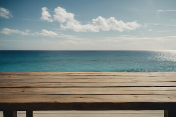 Fototapeta premium close up Wooden table on the background of the sea, island and the blue sky