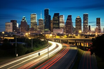 Cityscape of Houston, Texas, featuring downtown skyline and intersecting highways. Generative AI