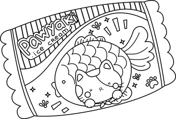 a vector of taiyaki ice cream with cat design in black and white coloring