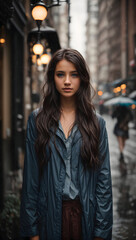 portrait of a girl with blue eyes standing on the street