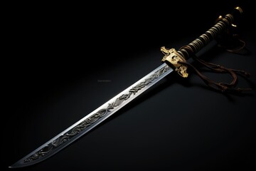 Japanese sword on a black background with a clipping path, close-up, battle weapon, traditional samurai sword, sharp weapon, ninja sword, ninja sword, katana