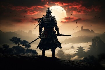 Samurai warrior with sword against the background of the mountains and the moon, samurai, samurai holding his swords, ancient warrior, silhouette, armor