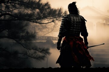 Silhouette of a samurai with sword in the foggy forest, samurai standing, at evening, protector of city, ancient warrior, knight, samura