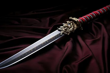 Fotobehang Japanese sword on a dark background with a pattern of red satin, katana, sharp blade steel sword, traditional weapon, warrior weapon, ninja sword © Jahan Mirovi