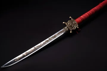 Fotobehang Sword with a red handle on a black background, close-up, fighting weapon, iron metal, samurai sword, ninja sword © Jahan Mirovi