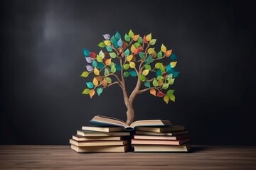 Book literacy day tree leaves. Nature study. Generate Ai - obrazy, fototapety, plakaty