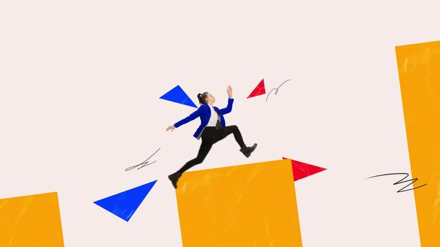 Stop motion, animation. woman, office worker jumping and overcoming obstacles with ease over light background with abstraction. Concept of career growth, ad