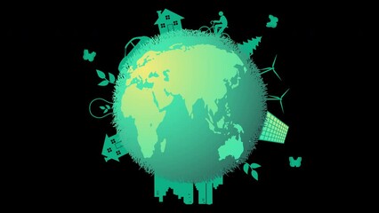Sustainable living with this eco-friendly illustration depicting a green earth surrounded by symbols of renewable energy and environmentally conscious choices