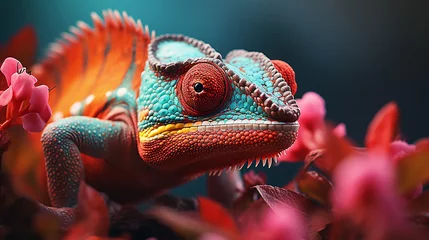 Fototapete Makrofotografie Chameleon on the flower. Beautiful extreme close-up. Made with generative ai