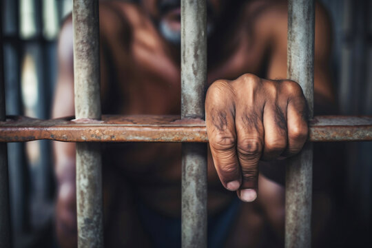 The male prisoner grabbed the prison bars with his hands. The pain and suffering of the prisoner. The inevitability of a judicial verdict. Hopelessness. The punishment of the criminal.