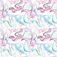 Mermaid watercolour seamless pattern, underwater world watercolour seamless pattern