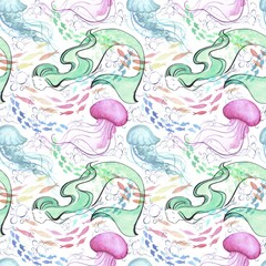 Mermaid watercolour seamless pattern, underwater world watercolour seamless pattern